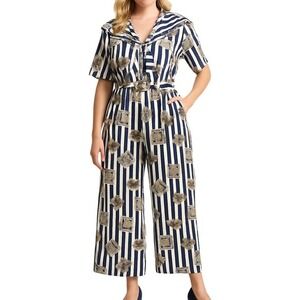 Vintage 90's Navy White Stripe Sailor Nautical Print Wide Leg‎ Jumpsuit Size 8